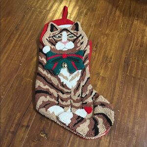 Vintage Style 3D Cat Christmas Stocking Hooked Rug Holiday Decor